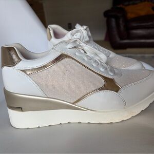 Women’s White & Gold Wedge Casual Sneakers - Lace-Up Comfort